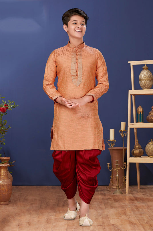 Peach Color Jacquard Silk Fabric Traditional Wear Boys Fancy Readymade Kurta Pyjama