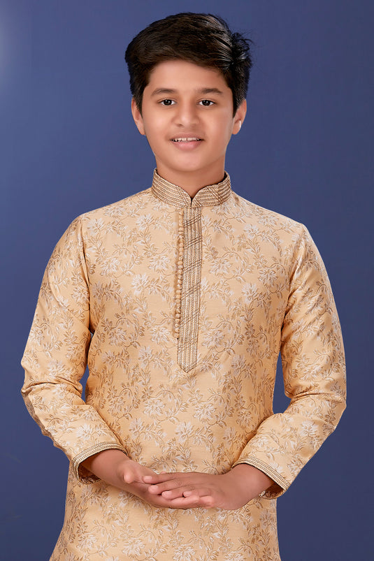 Wedding Wear Beige Color Jacquard Silk Fabric Boys Readymade Kurta Pyjama