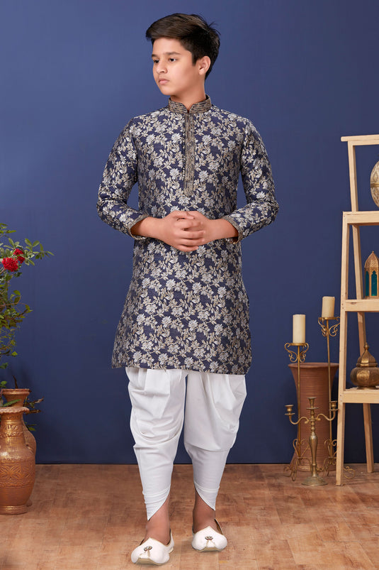 Occasion Wear Trendy Readymade Kurta Pyjama For Boys In Navy Blue Color Jacquard Silk