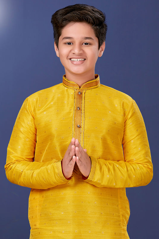 Occasion Wear Yellow Color Art Silk Boys Trendy Readymade Kurta Pyjama