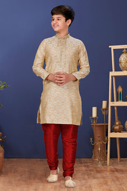 Occasion Wear Jacquard Silk Beige Color Trendy Readymade Kurta Pyjama For Boys