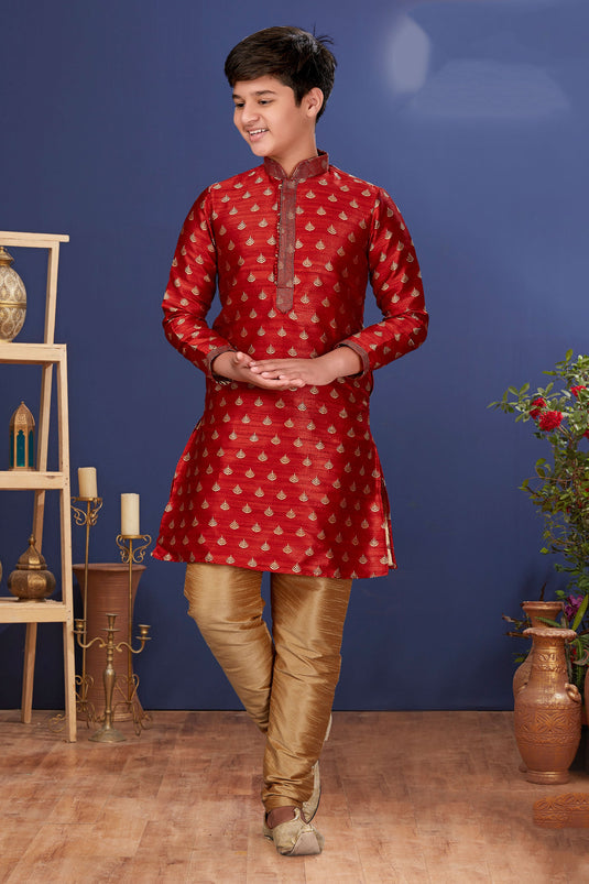 Maroon Occasion Wear Jacquard Silk Fabric Designer Readymade Kurta Pyjama For Boys