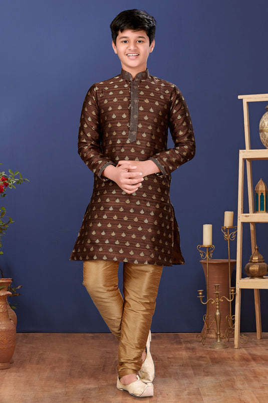 Sangeet Function Wear Designer Readymade Kurta Pyjama For Boys In Jacquard Silk Fabric Brown