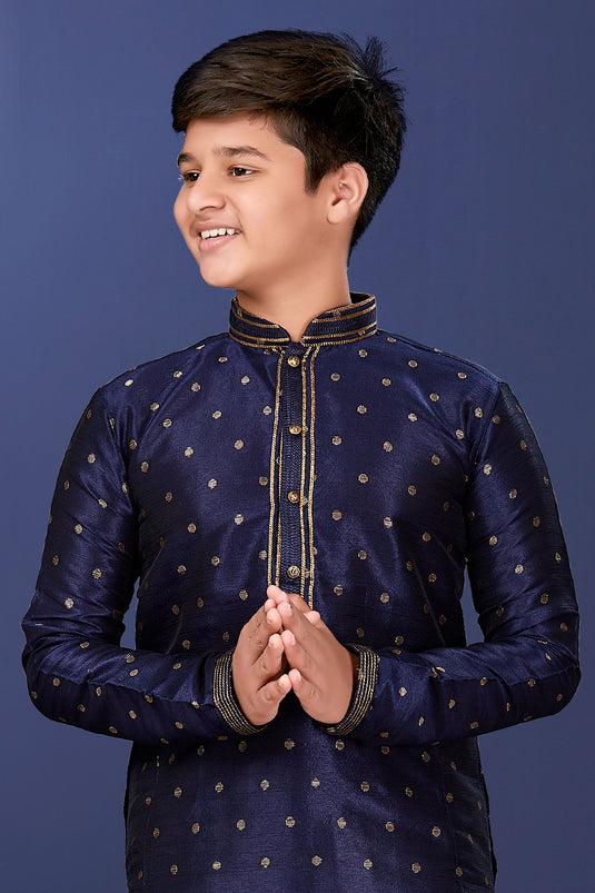 Navy Blue Art Silk Fabric Sangeet Function Wear Boys Designer Readymade Kurta Pyjama