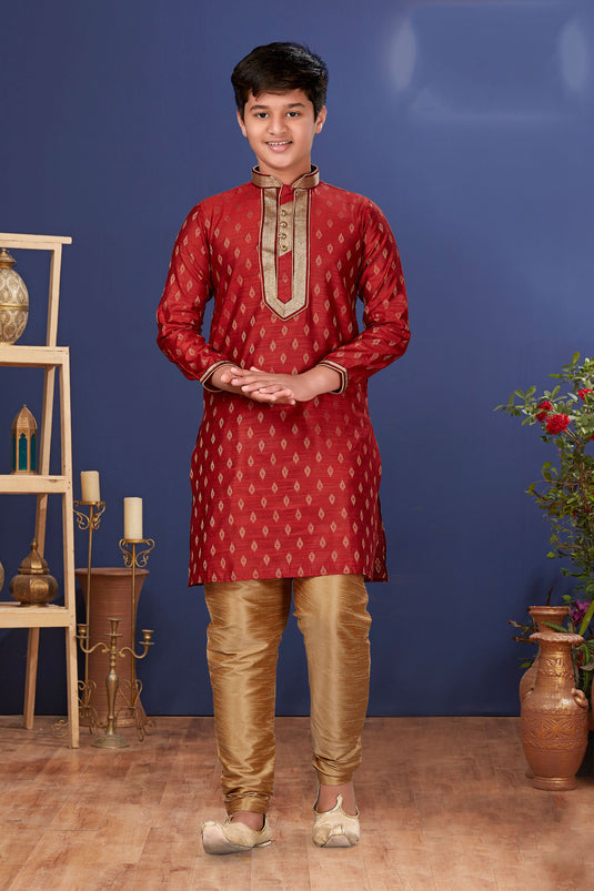 Sangeet Function Wear Maroon Jacquard Silk Stylish Readymade Kurta Pyjama For Boys