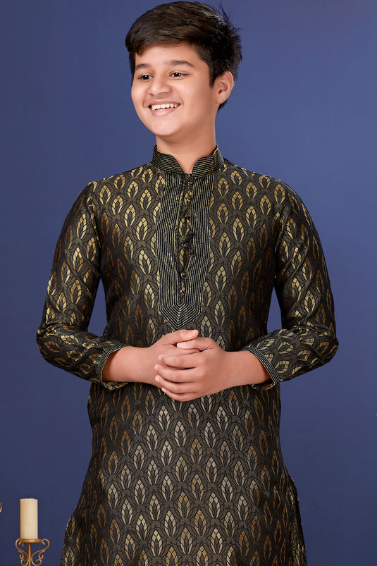 Black Color Function Wear Jacquard Silk Fabric Readymade Kurta Pyjama For Boys