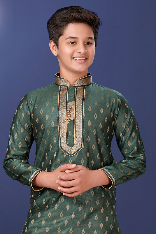 Jacquard Silk Fabric Green Color Traditional Wear Boys Fancy Readymade Kurta Pyjama