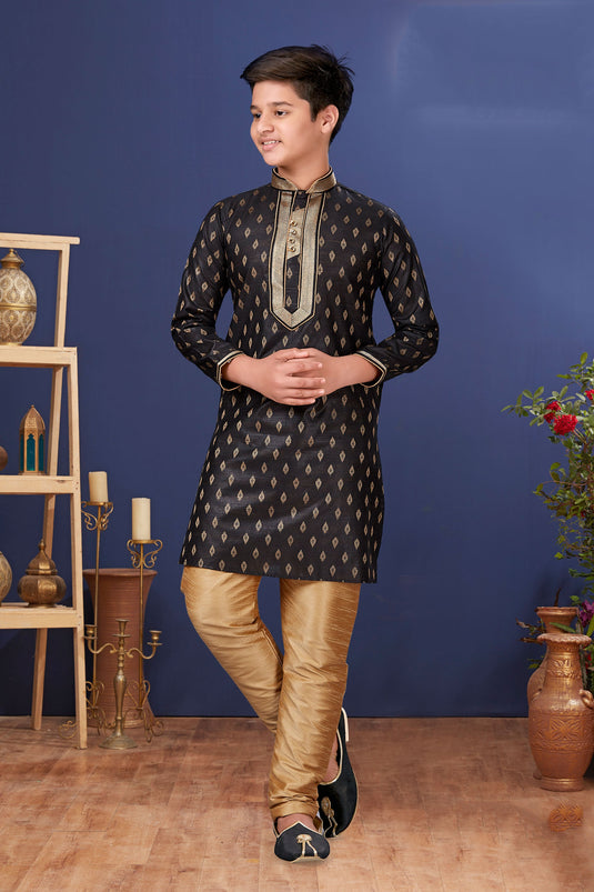 Black Color Traditional Wear Jacquard Silk Fabric Fancy Readymade Kurta Pyjama For Boys