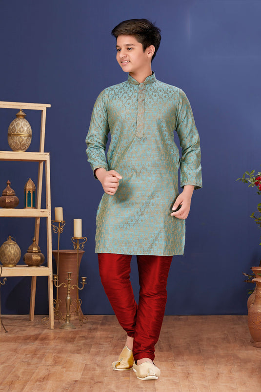 Traditional Wear Jacquard Silk Fabric Fancy Readymade Kurta Pyjama For Boys In Sea Green Color