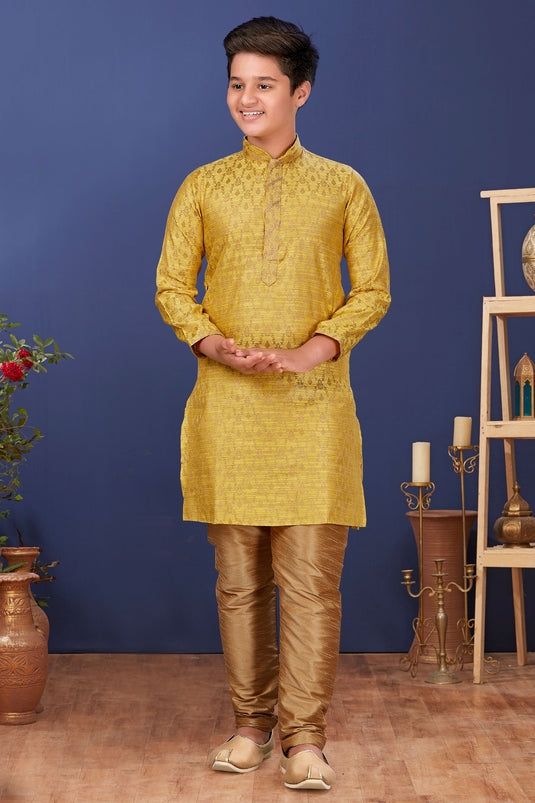 Occasion Wear Trendy Readymade Kurta Pyjama For Boys In Yellow Color Jacquard Silk Fabric