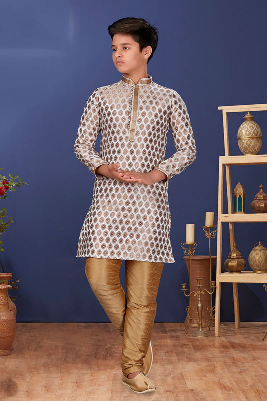 Jacquard Silk Fabric Off White Color Occasion Wear Readymade Boys Kurta Pyjama