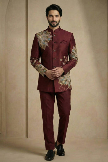 Maroon Sangeet Wear Satin Silk Embroidered Readymade Jodhpuri Suit For Men
