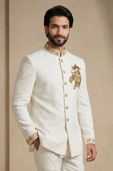 Wedding Function Stylish White Readymade Indo Western Jopdupuri Suit For Men