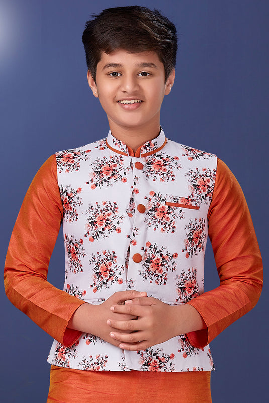 Sangeet Wear Orange Color Dhupion Silk Fabric Fancy Readymade Boys Kurta Pyjama With Jacket