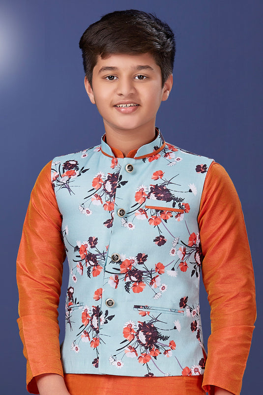 Dhupion Silk Orange Color Occasion Wear Trendy Readymade Boys Kurta Pyjama With Jacket