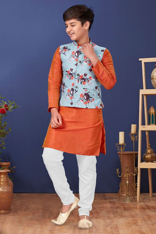 Dhupion Silk Orange Color Occasion Wear Trendy Readymade Boys Kurta Pyjama With Jacket