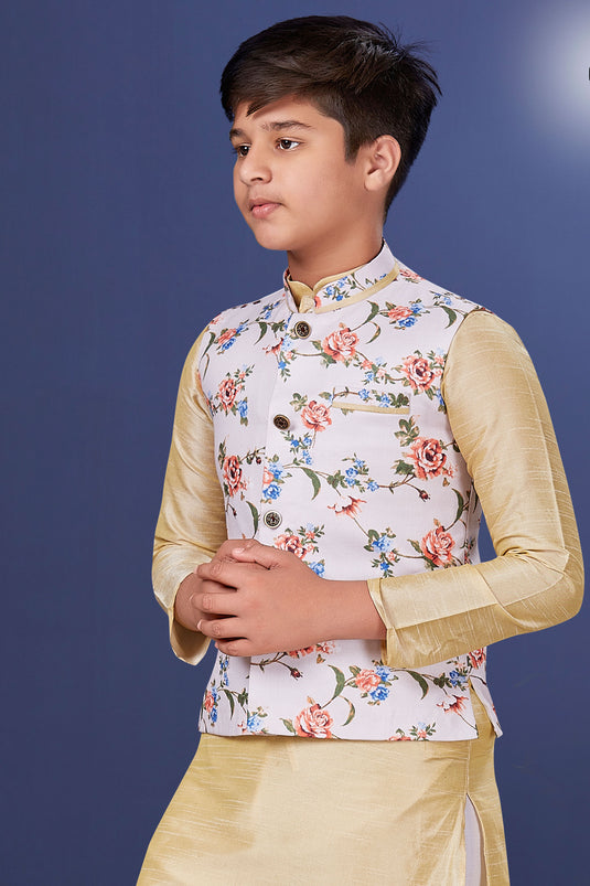 Occasion Wear Beige Color Dhupion Silk Trendy Readymade Boys Kurta Pyjama With Jacket