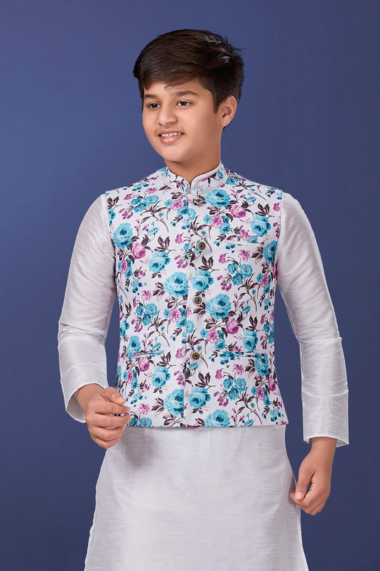 Traditional Wear Cotton Fabric Fancy Readymade Jacket For Boys In White Color