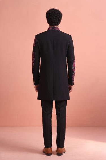 Black Fancy Fabric Wedding Wear Readymade Indo Western Suit For Men