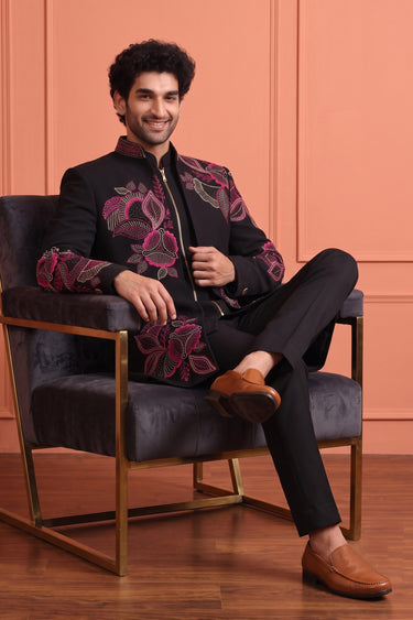Black Fancy Fabric Wedding Wear Readymade Indo Western Suit For Men