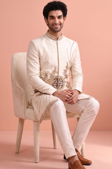 Satin Off White Wedding Function Readymade Men Stylish Indo Western Suit
