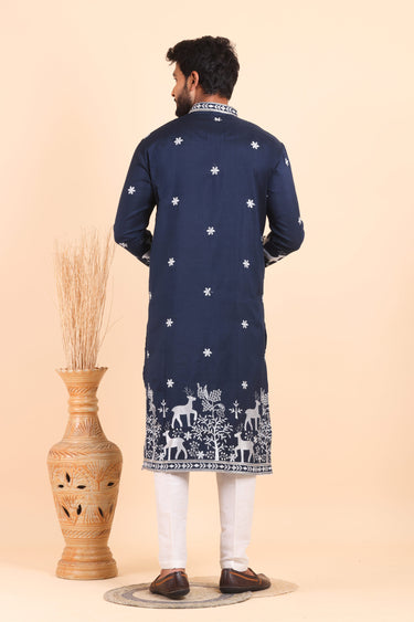 Navy Blue Viscose Silk Embroidered Festive Kurta Pyjama