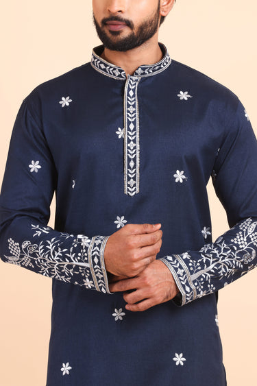 Navy Blue Viscose Silk Embroidered Festive Kurta Pyjama