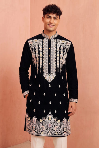 Traditional Black Embroidered Kurta Payjama For Men