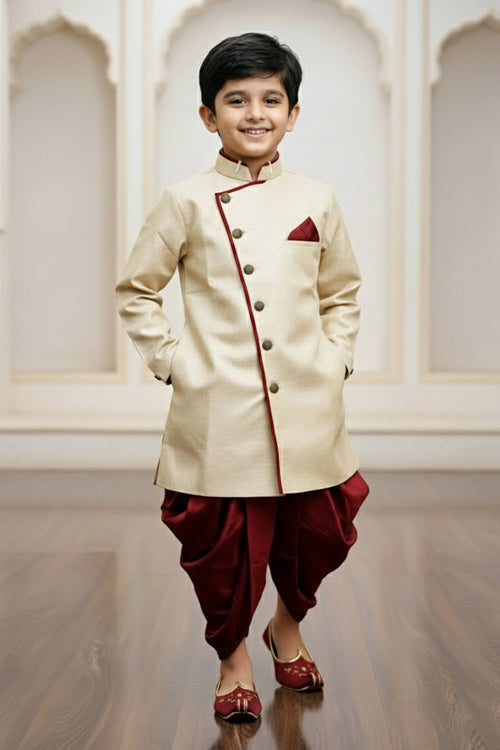 Beige Art Silk Wedding Wear Indo Western For Boys