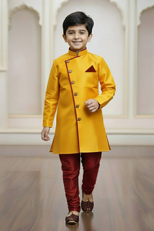 Art Silk Fabric Orange Readymade Indo Western For Boys