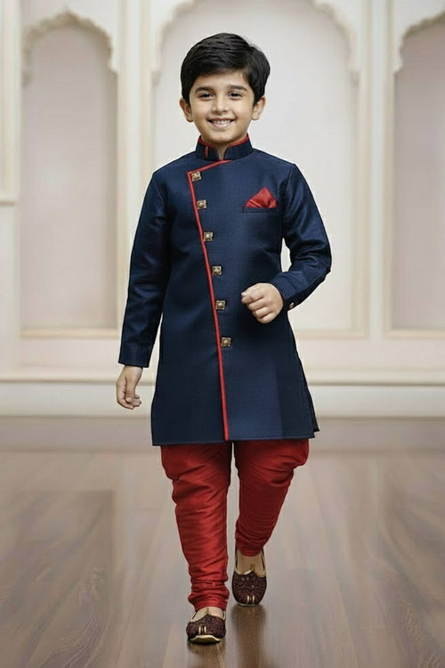 Art Silk Fabric Navy Blue Readymade Indo Western For Boys