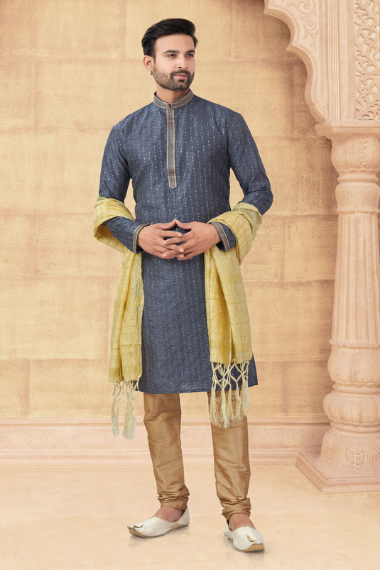 Embellished Grey Silk Readymade Kurta Pyjama Set For Men