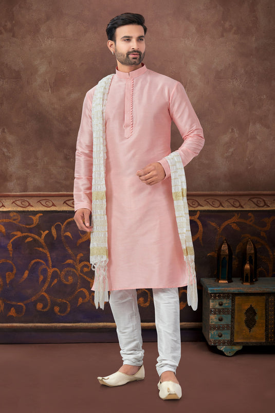 Peach Art Silk Men Kurta Pyjama Set