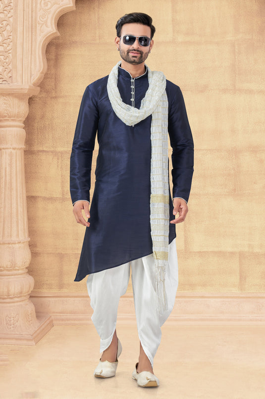 Luxe Art Silk Navy Blue Kurta Pyjama Set