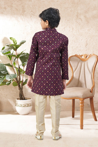 Wine Festive Wear Art Silk Readymade Indo Western For Boys