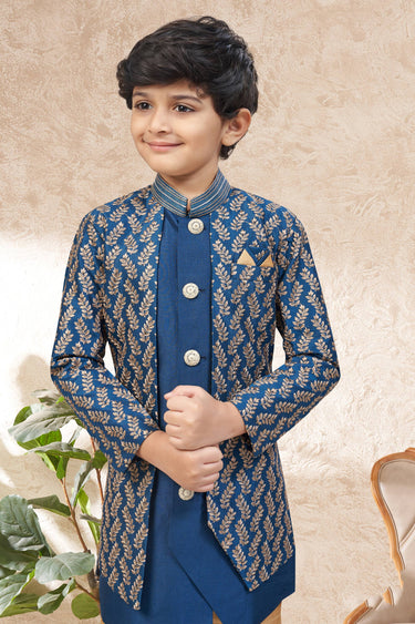 Art Silk Blue Boys Readymade Indo Western For Festive Wear
