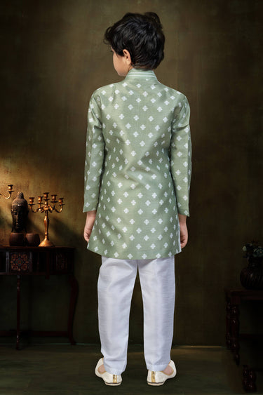 Art Silk Off White Boys Readymade Indo Western For Festive Wear