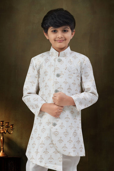 Off White Art Silk Fabric Boys Readymade Indo Western For Festive Wear
