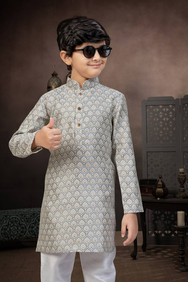 Grey Sangeet Wear Jacquard Fabric Boys Readymade Kurta Pyjama For Sangeet Wear