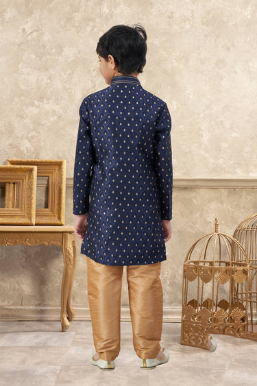 Jacquard Fabric Navy Blue Boys Readymade Kurta Pyjama For Sangeet Wear