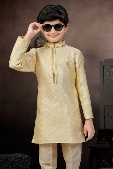 Jacquard Fabric Beige Boys Readymade Kurta Pyjama For Sangeet Wear