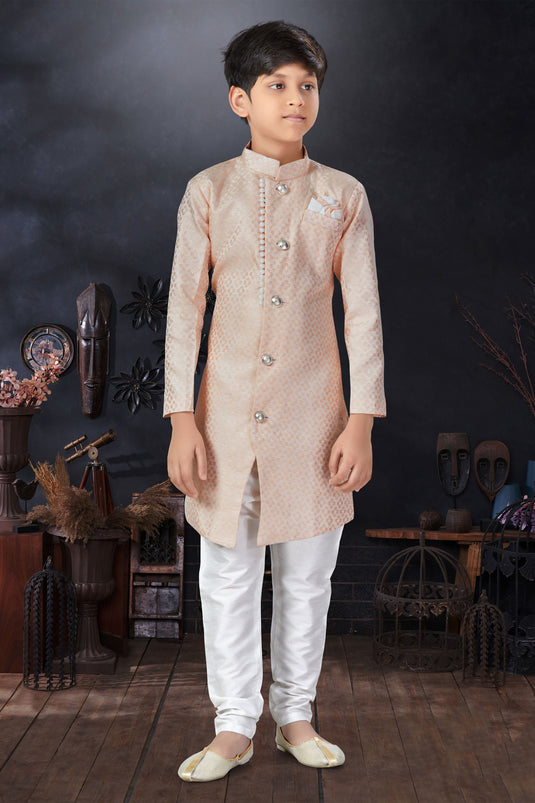 Jacquard Fabric Peach Color Traditional Wear Boys Readymade Indo Western