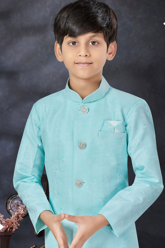 Designer Readymade Indo Western For Boys In Cyan Color