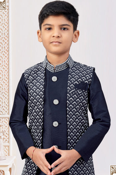 Pretty Banarasi Silk Fabric Sangeet Wear Readymade Indo Western For Boys