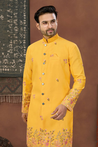 Yellow Wedding Wear Art Silk Fabric Readymade Indo Western For Men