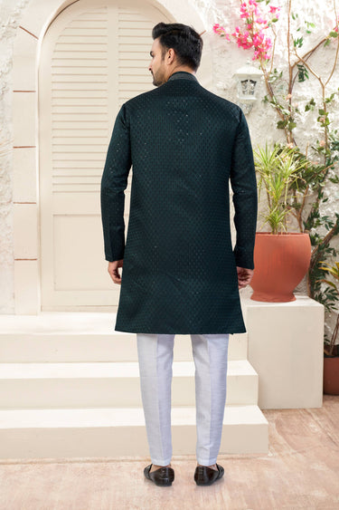 Dark Green Wedding Wear Jacquard Fabric Readymade Indo Western For Men