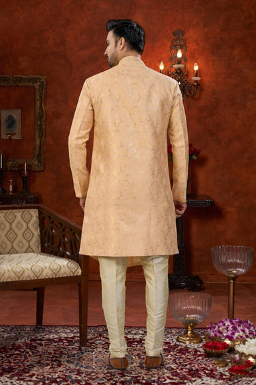 Peach Wedding Wear Banarasi Silk Fabric Readymade Indo Western For Men