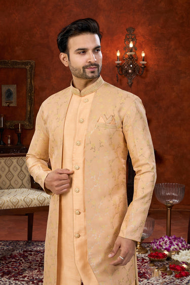 Peach Wedding Wear Banarasi Silk Fabric Readymade Indo Western For Men