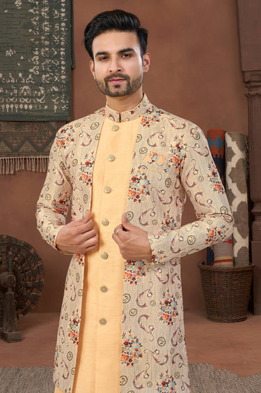 Banarasi Silk Fabric Peach Wedding Wear Readymade Indo Western For Men