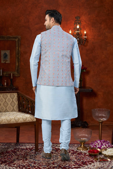 Cyan Wedding Wear Art Silk Readymade Kurta Pyjama For Men